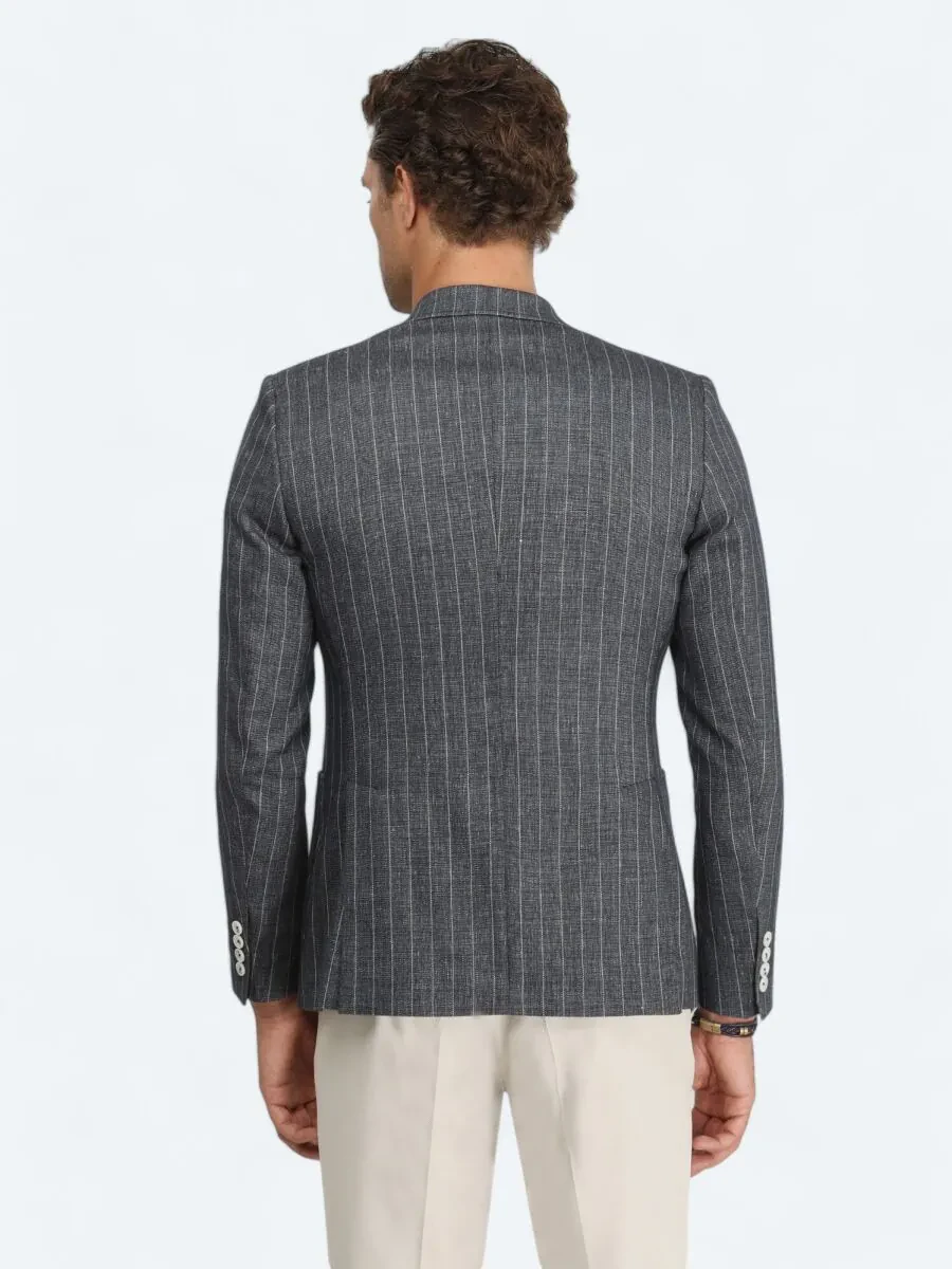 İndigo Çizgili Slim Fit Keten Karışımlı Ceket - 6