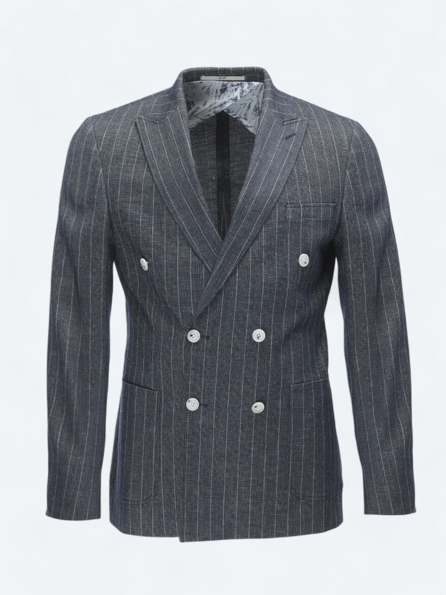 İndigo Çizgili Slim Fit Keten Karışımlı Ceket - 7