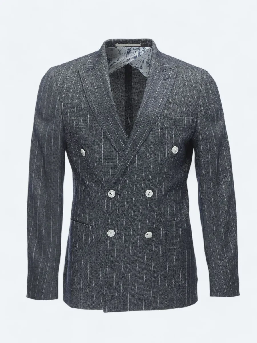 İndigo Çizgili Slim Fit Keten Karışımlı Ceket - 7