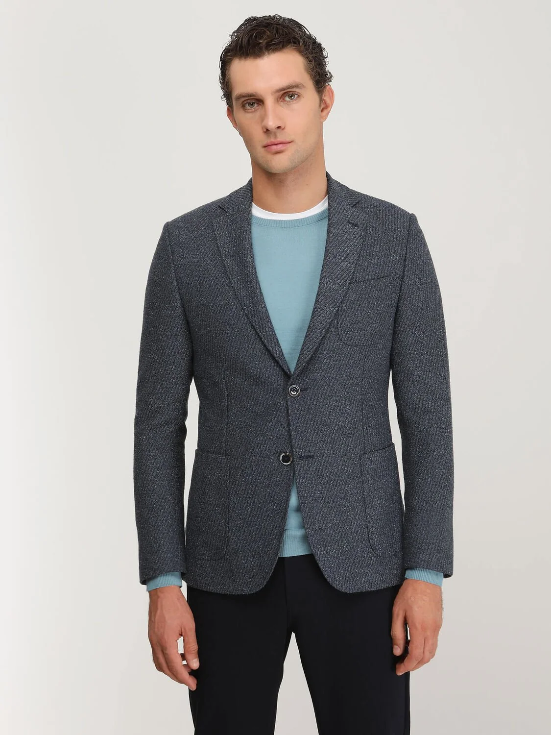 İndigo Desenli Modern Fit Pamuk Karışımlı Ceket - 1