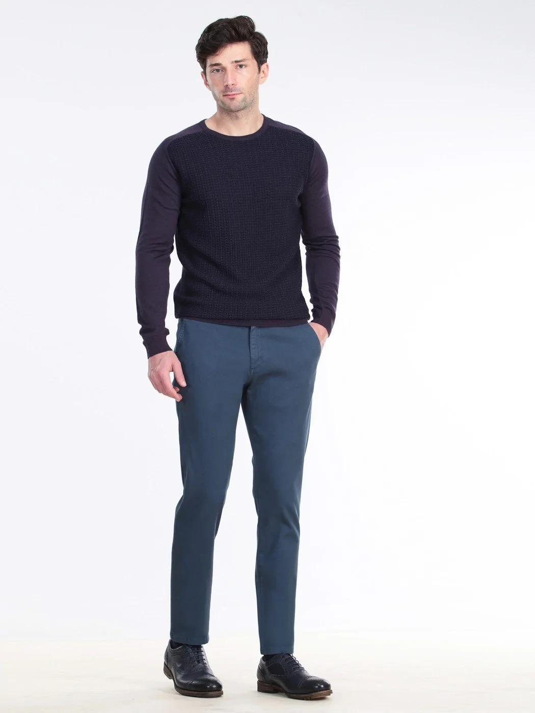 İndigo Düz Dokuma Regular Fit Casual Pamuk Karışımlı Pantolon - 1