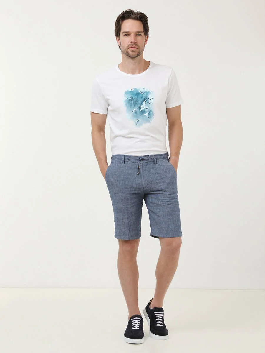 İndigo Düz Dokuma Slim Fit Casual Pamuk Karışımlı Bermuda - 2