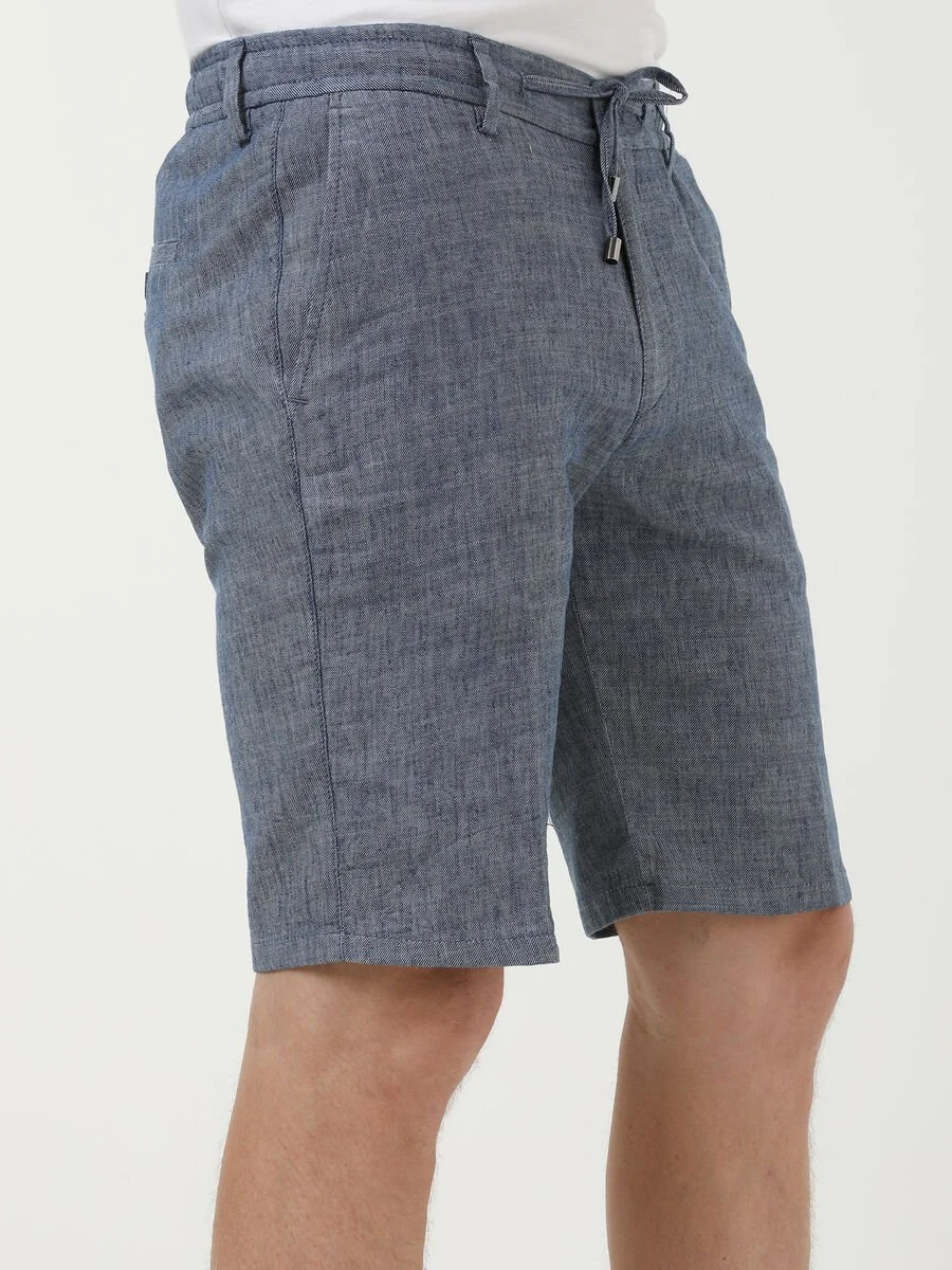 İndigo Düz Dokuma Slim Fit Casual Pamuk Karışımlı Bermuda - 3