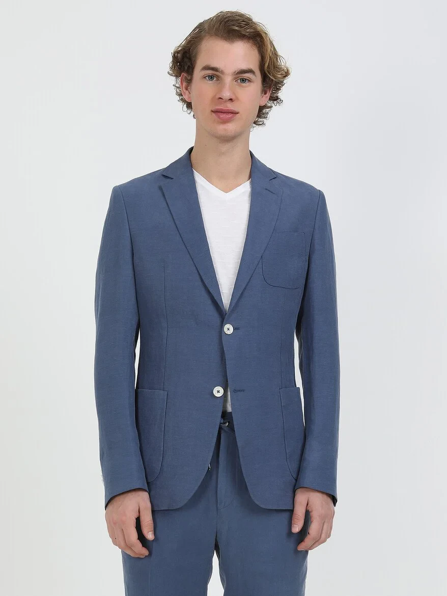 İndigo Düz Modern Fit Keten Karışımlı Takım Elbise - 1
