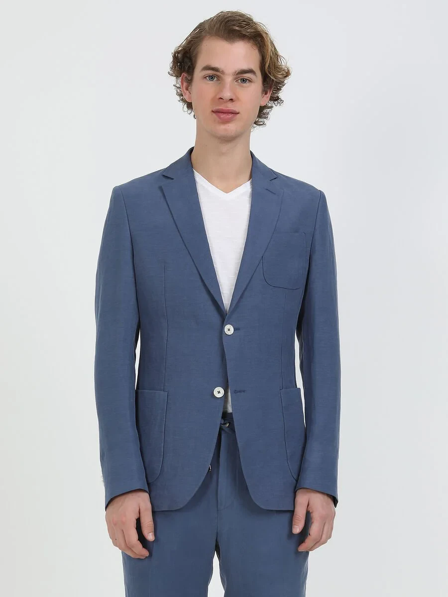 İndigo Düz Modern Fit Keten Karışımlı Takım Elbise - 1