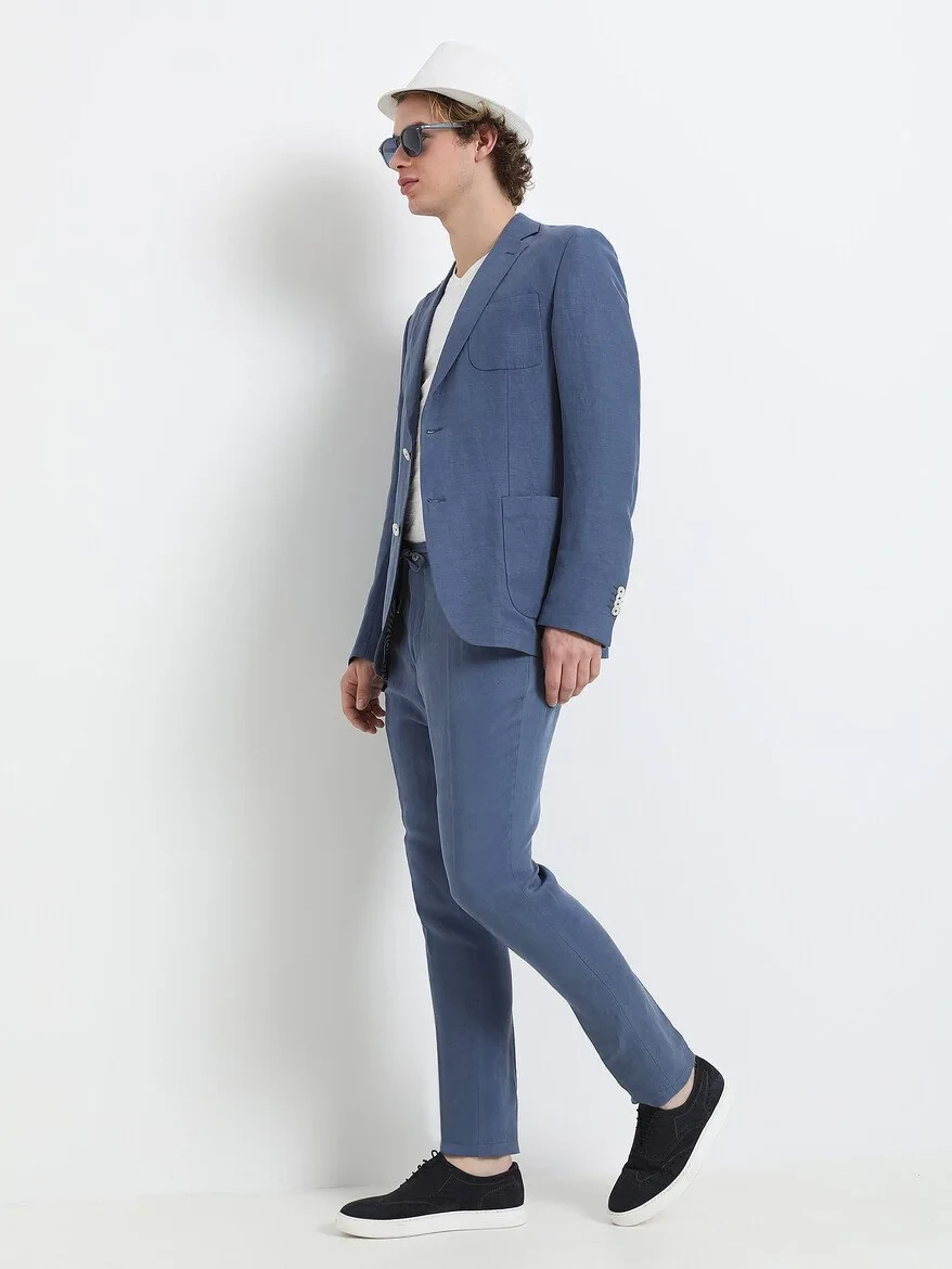 İndigo Düz Modern Fit Keten Karışımlı Takım Elbise - 2