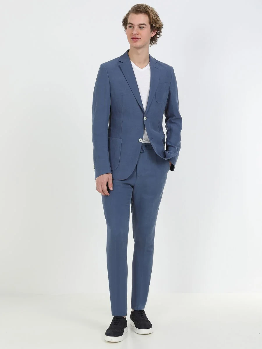 İndigo Düz Modern Fit Keten Karışımlı Takım Elbise - 3