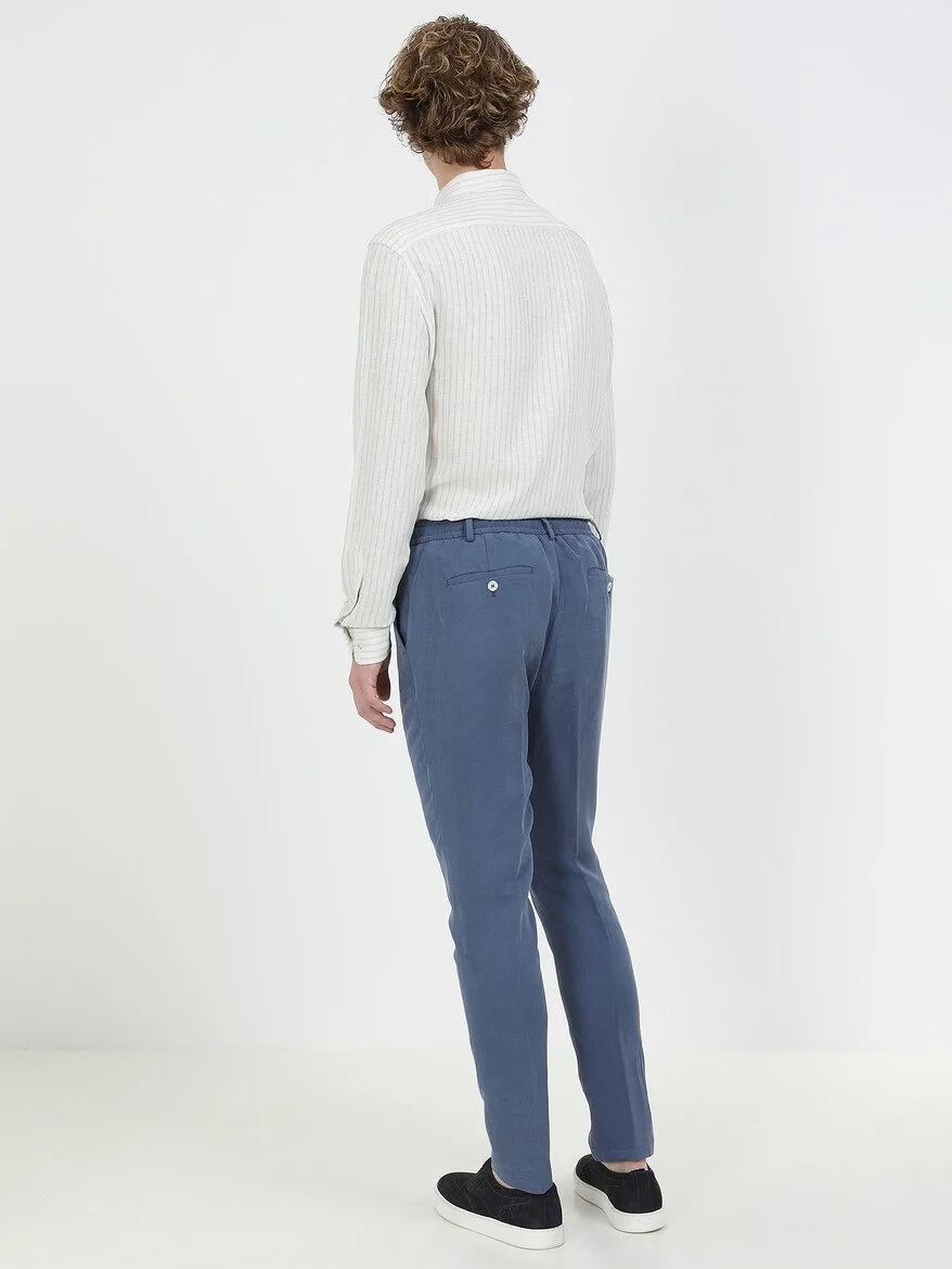 İndigo Düz Modern Fit Keten Karışımlı Takım Elbise - 4