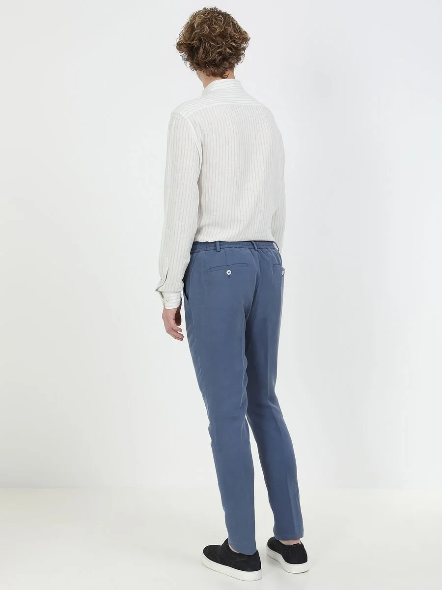 İndigo Düz Modern Fit Keten Karışımlı Takım Elbise - 4