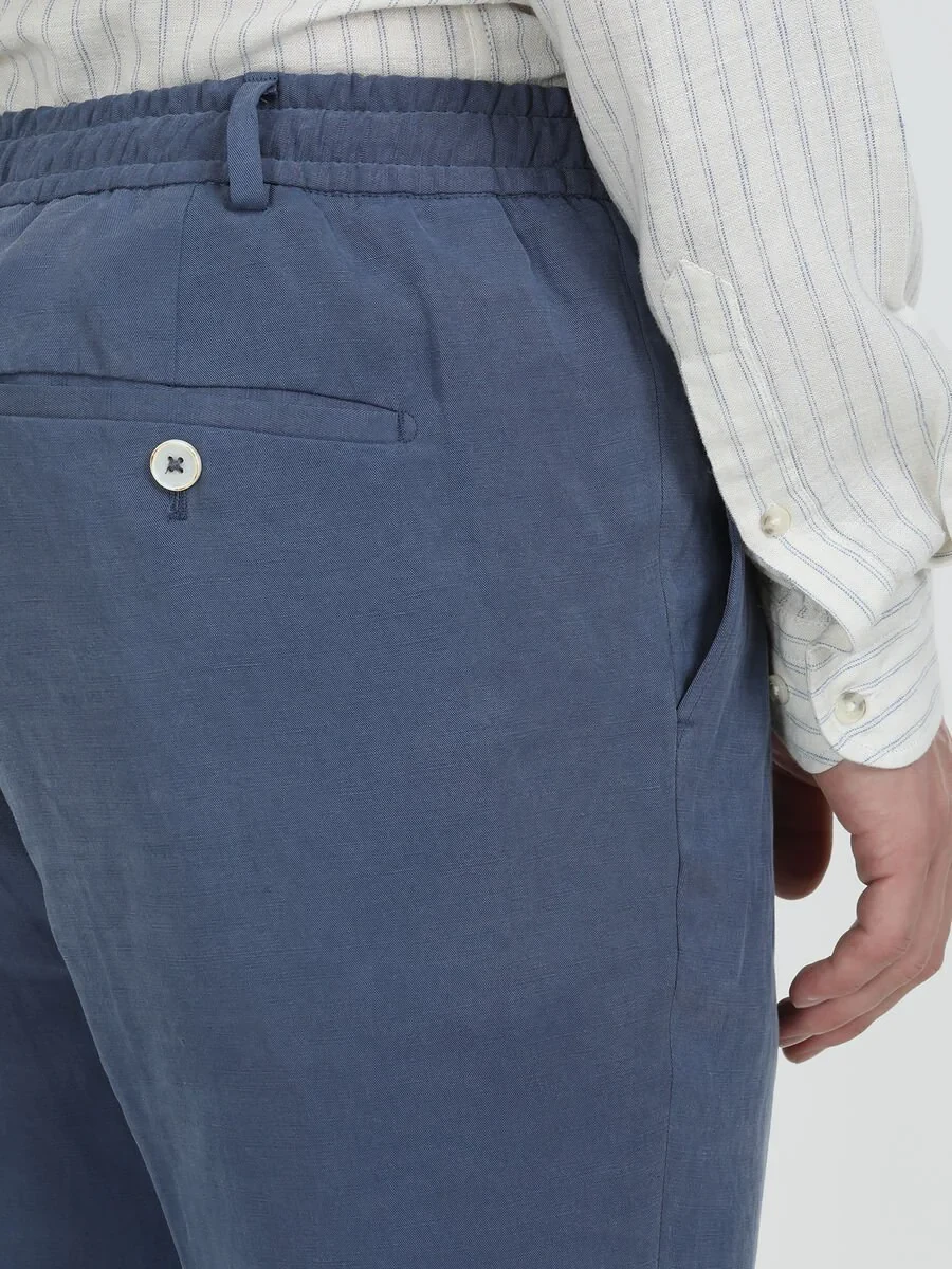 İndigo Düz Modern Fit Keten Karışımlı Takım Elbise - 5