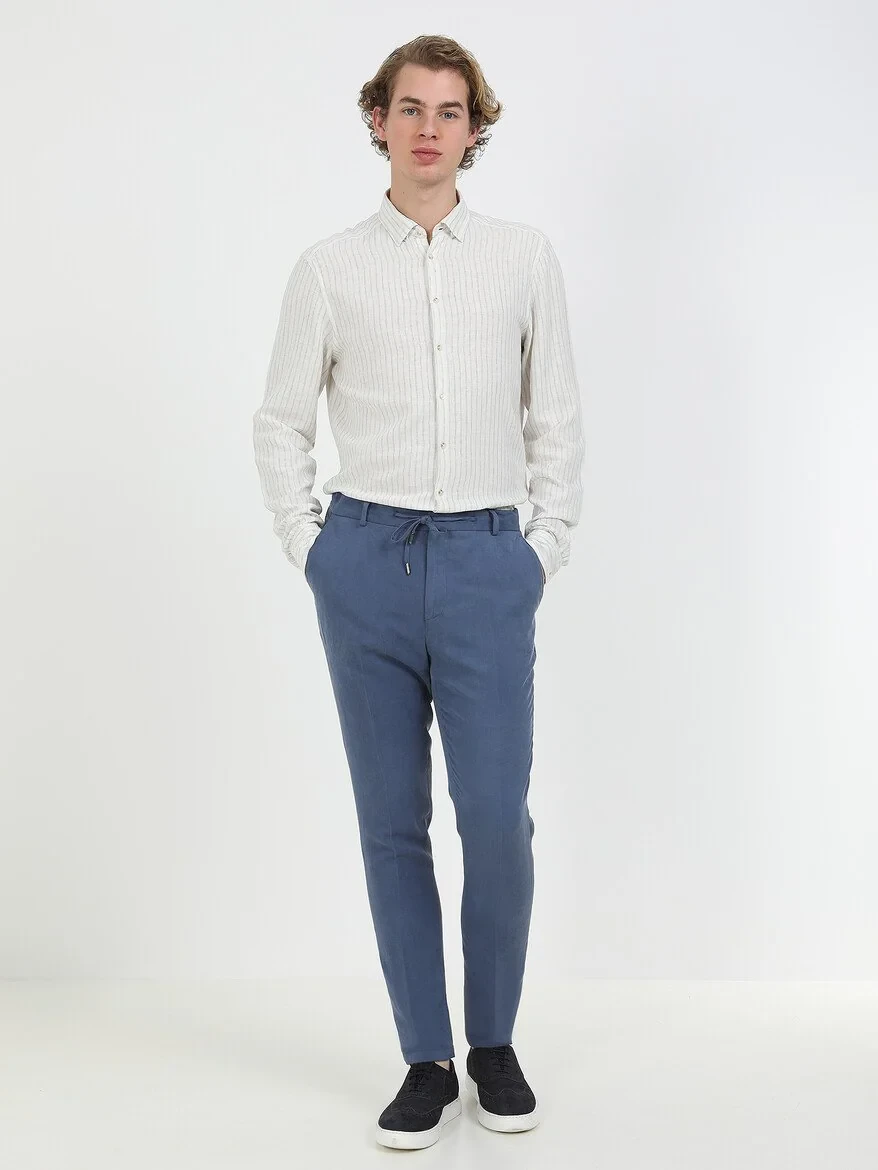 İndigo Düz Modern Fit Keten Karışımlı Takım Elbise - 6