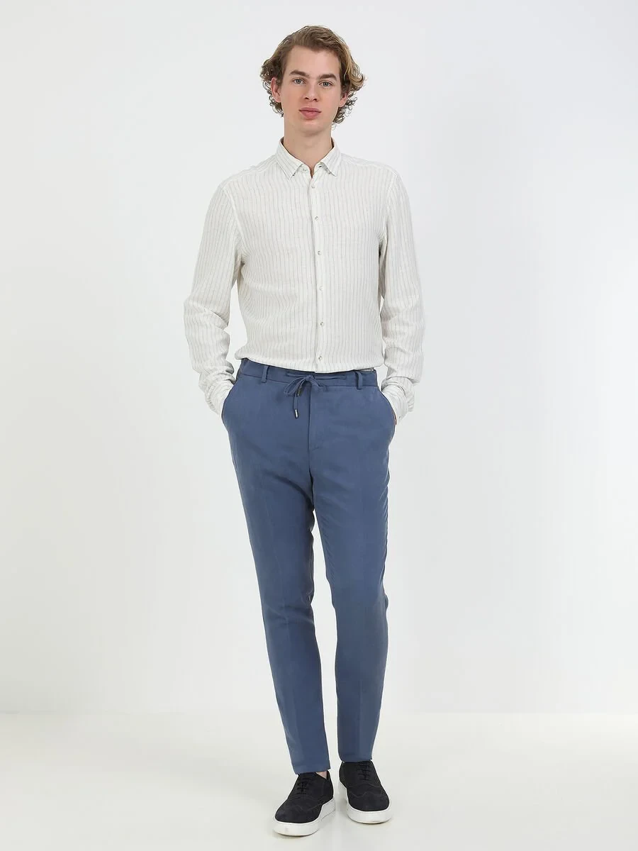 İndigo Düz Modern Fit Keten Karışımlı Takım Elbise - 6