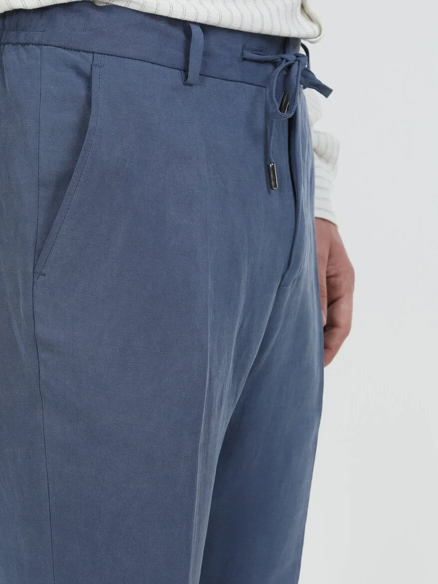 İndigo Düz Modern Fit Keten Karışımlı Takım Elbise - 7