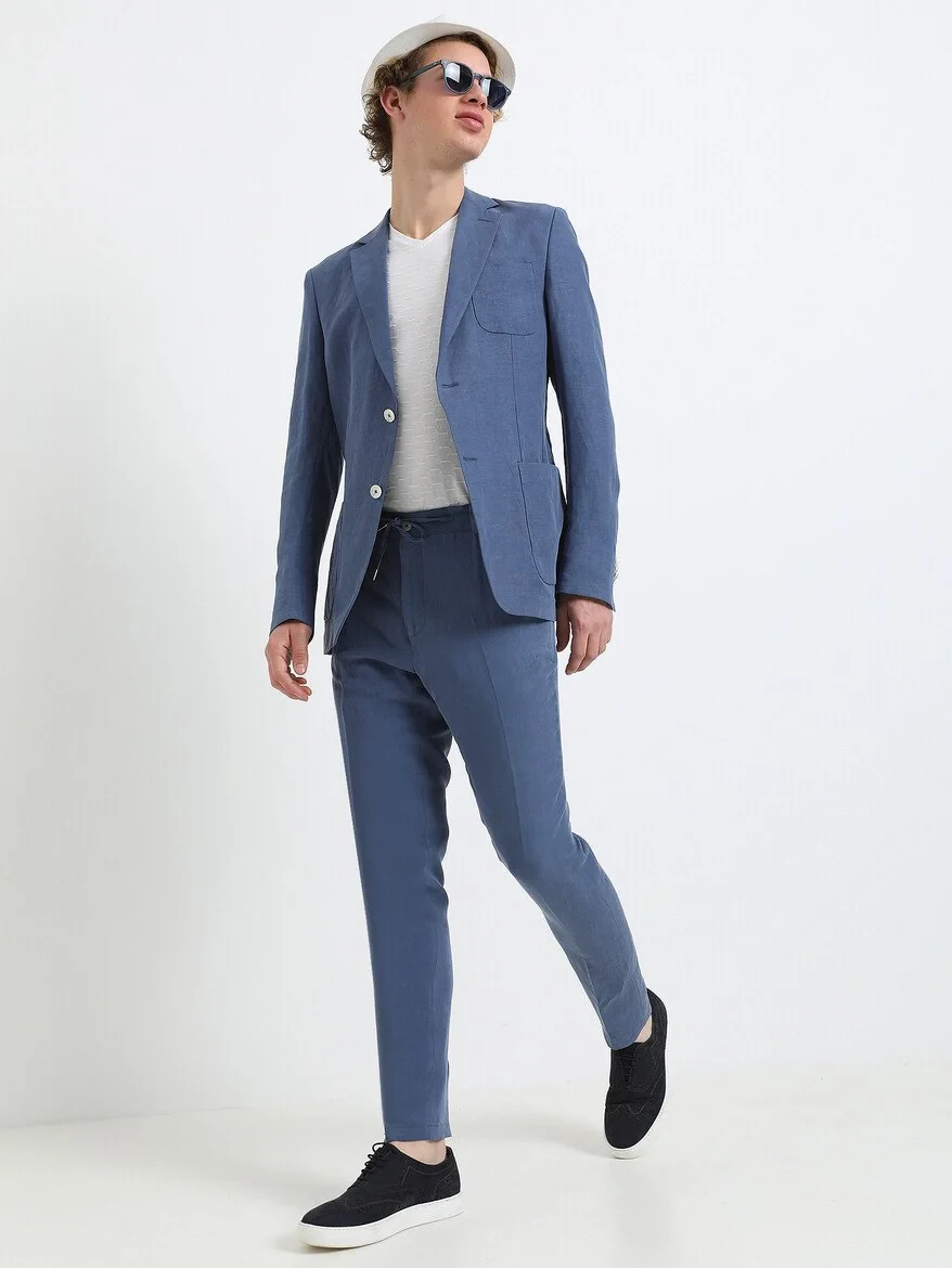 İndigo Düz Modern Fit Keten Karışımlı Takım Elbise - 8