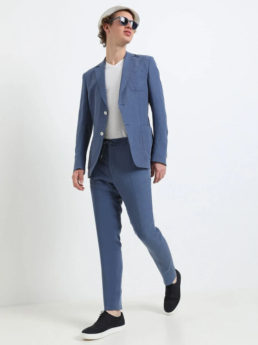 İndigo Düz Modern Fit Keten Karışımlı Takım Elbise - 8