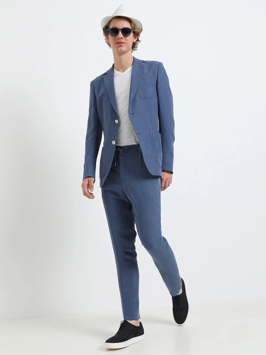 İndigo Düz Modern Fit Keten Karışımlı Takım Elbise - 9