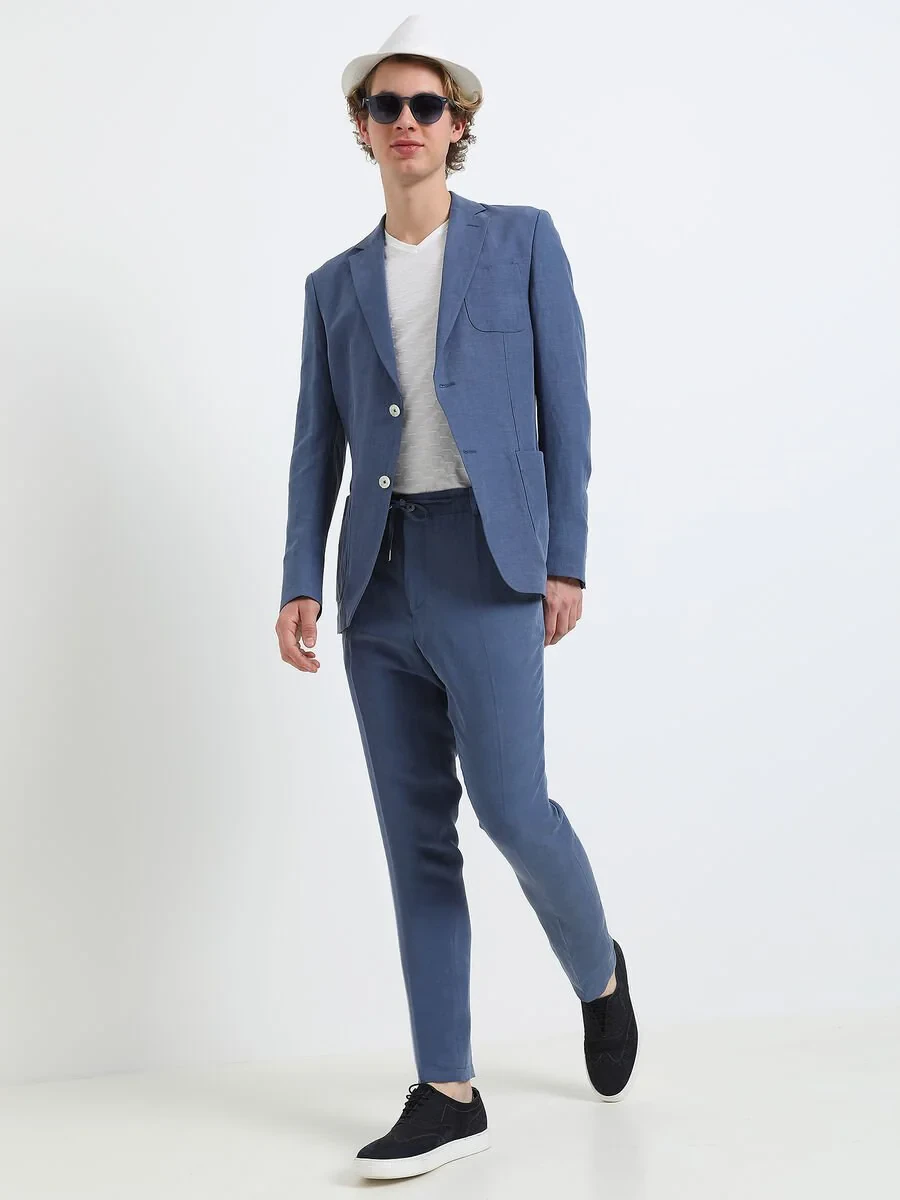 İndigo Düz Modern Fit Keten Karışımlı Takım Elbise - 9