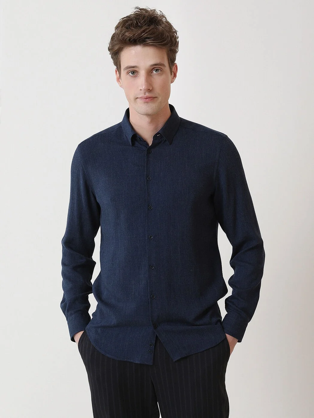 İndigo Düz Regular Fit Dokuma Casual Gömlek - 3