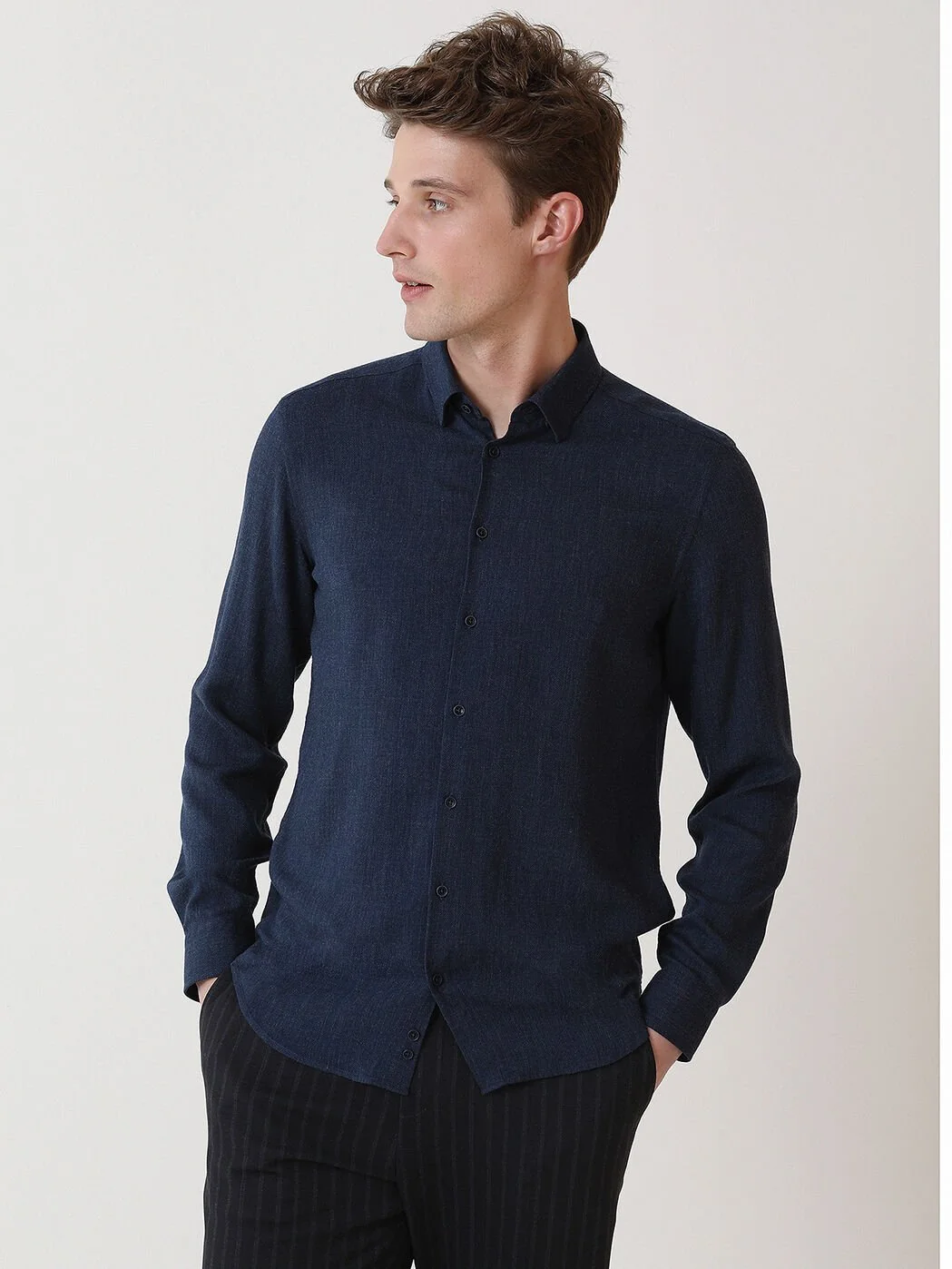 İndigo Düz Regular Fit Dokuma Casual Gömlek - 4
