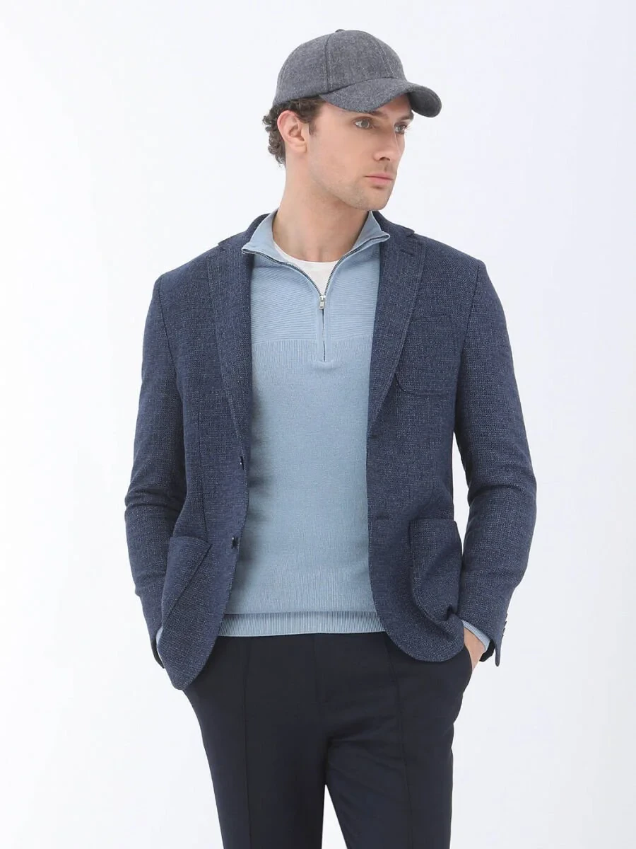 Indigo Micro Regular Fit Wool Blended Jacket - 1