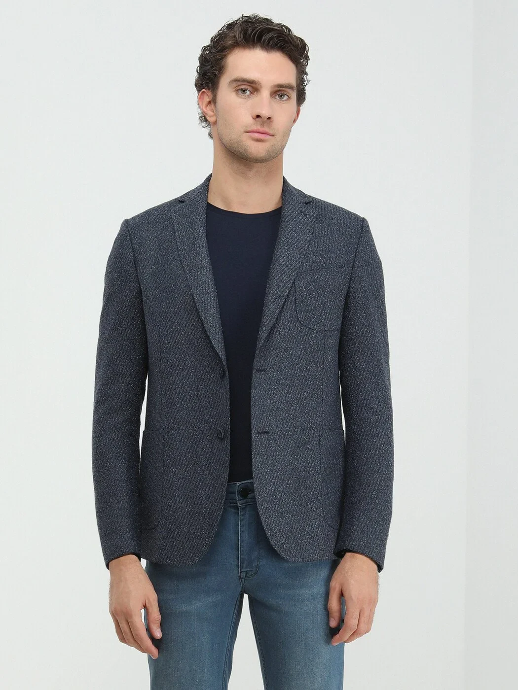 Indigo Patterned Regular Fit Cotton Blended Jacket - 1