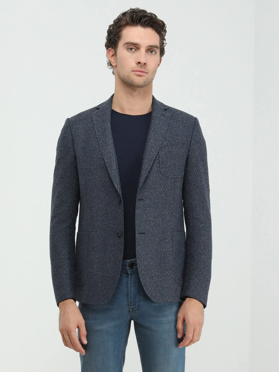 Indigo Patterned Regular Fit Cotton Blended Jacket - 1