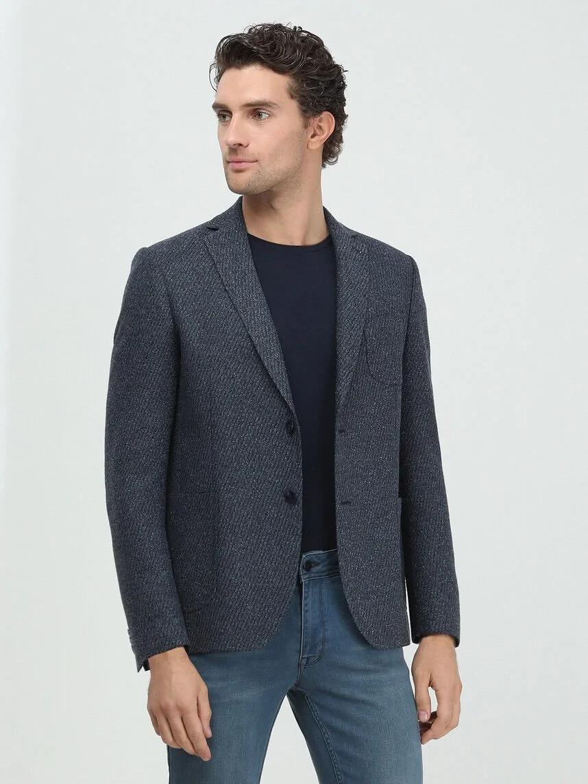 Indigo Patterned Regular Fit Cotton Blended Jacket - 4