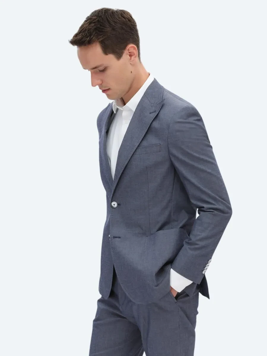 Indigo Plain Modern Fit Cotton Blended Suit - 2
