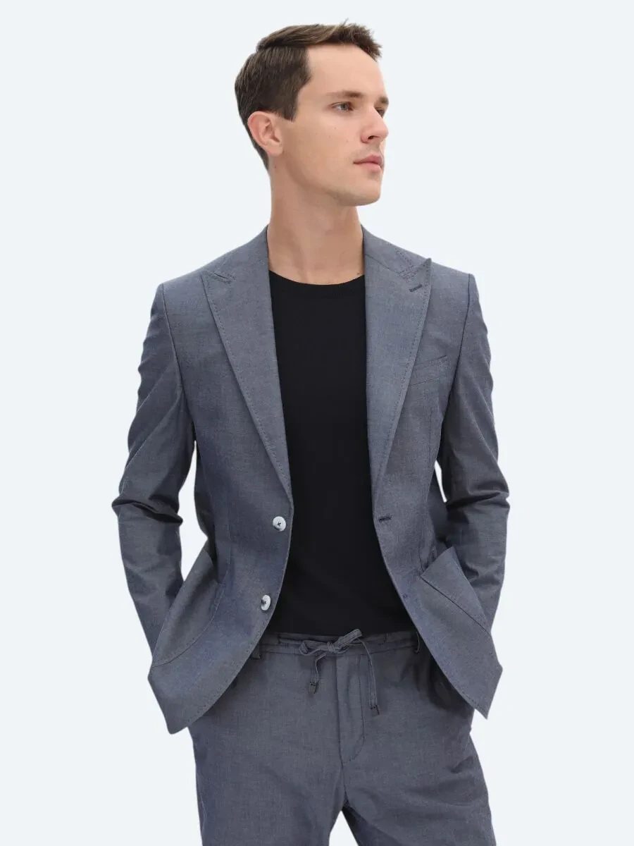 Indigo Plain Modern Fit Cotton Blended Suit - 3