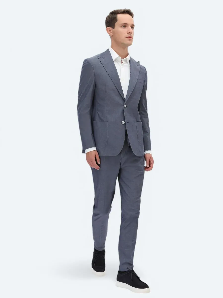 Indigo Plain Modern Fit Cotton Blended Suit - 4