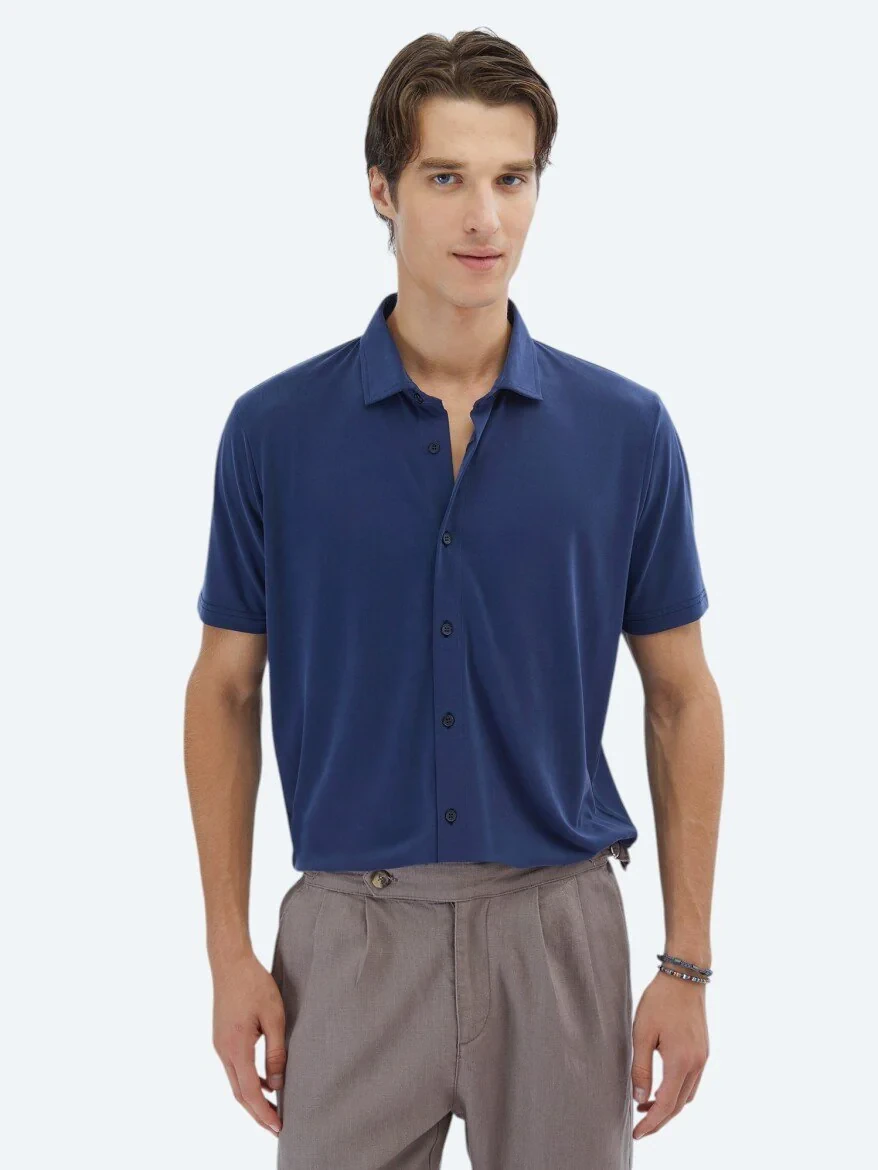 Indigo Plain Regular Fit Knitting Casual Shirt - 1
