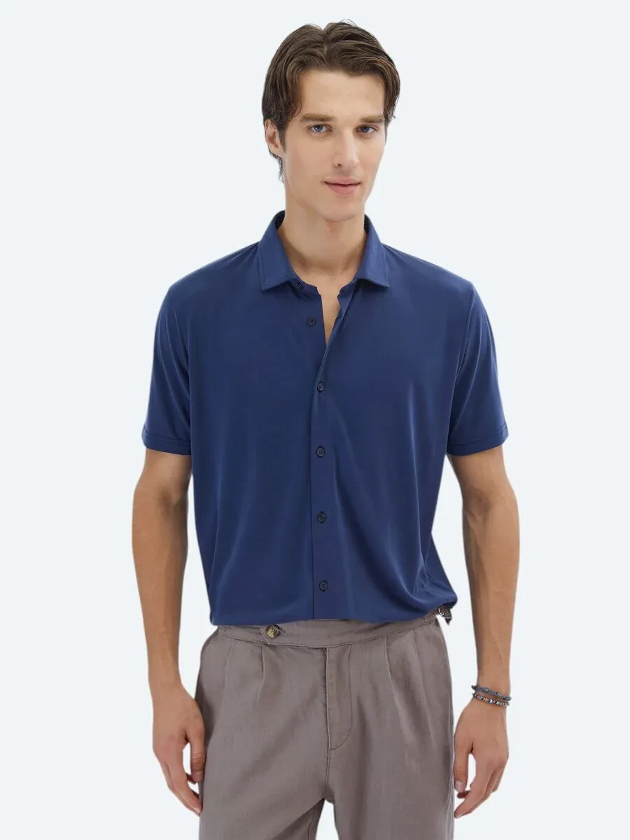 Indigo Plain Regular Fit Knitting Casual Shirt - 1