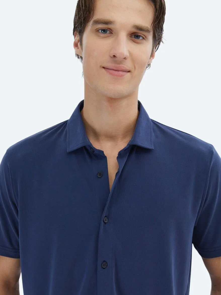 Indigo Plain Regular Fit Knitting Casual Shirt - 3