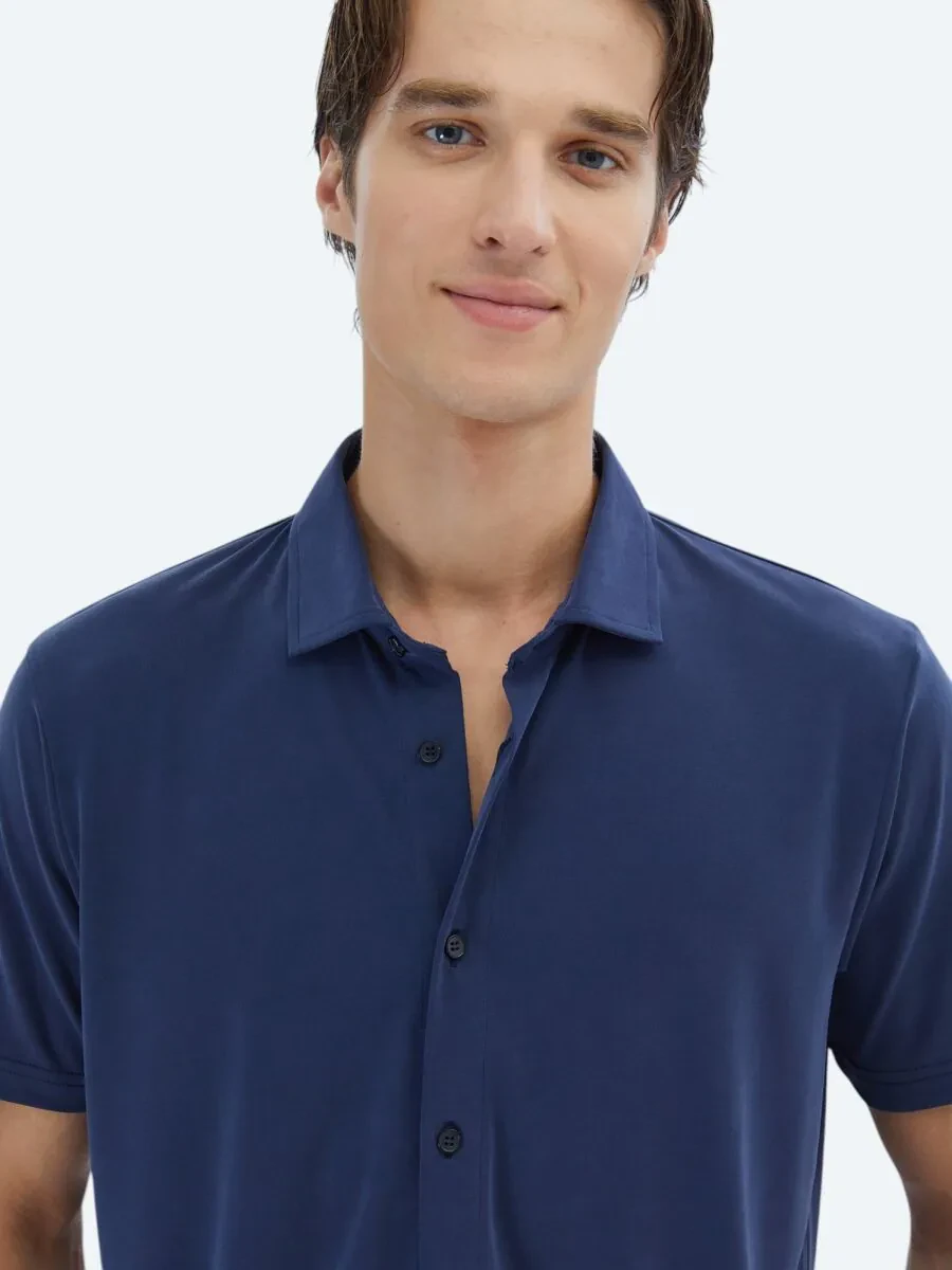 Indigo Plain Regular Fit Knitting Casual Shirt - 3