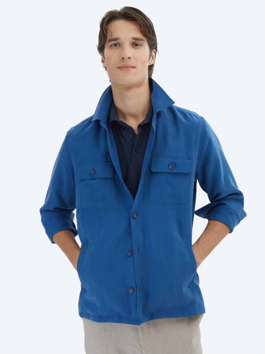 İndigo Regular Fit Dokuma Overshırt - 1