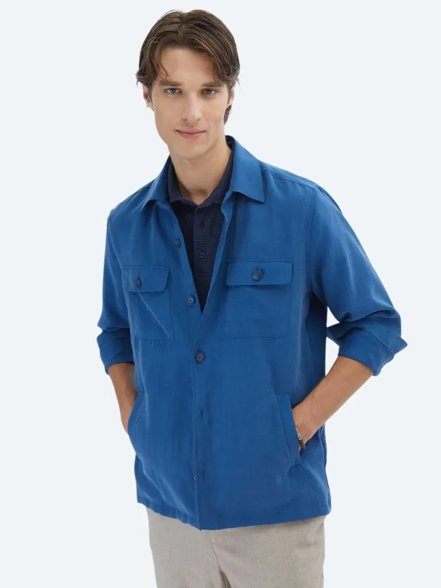 İndigo Regular Fit Dokuma Overshırt - 3