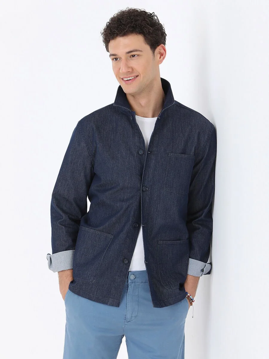 İndigo Regular Fit Dokuma Pamuk Karışımlı Overshırt - 1