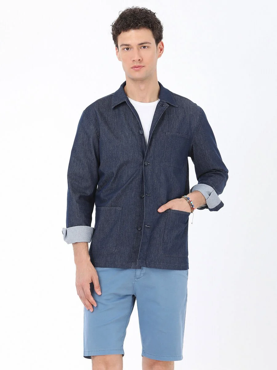 İndigo Regular Fit Dokuma Pamuk Karışımlı Overshırt - 3