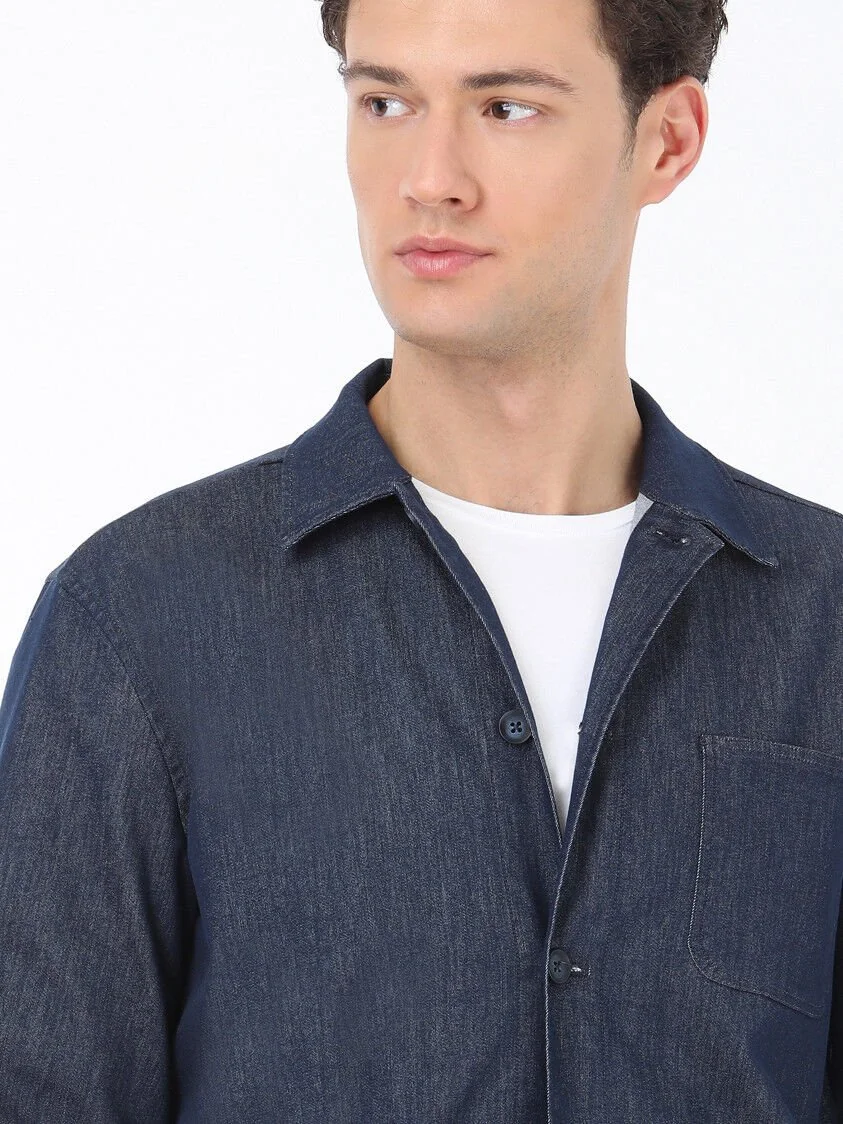 İndigo Regular Fit Dokuma Pamuk Karışımlı Overshırt - 5