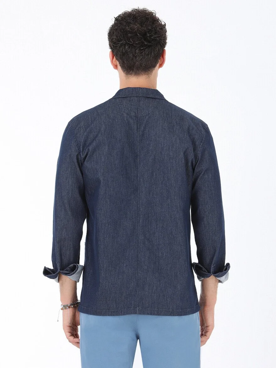 İndigo Regular Fit Dokuma Pamuk Karışımlı Overshırt - 6