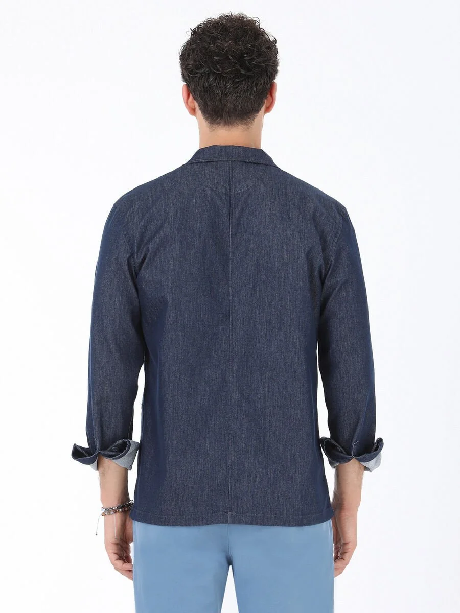 İndigo Regular Fit Dokuma Pamuk Karışımlı Overshırt - 6