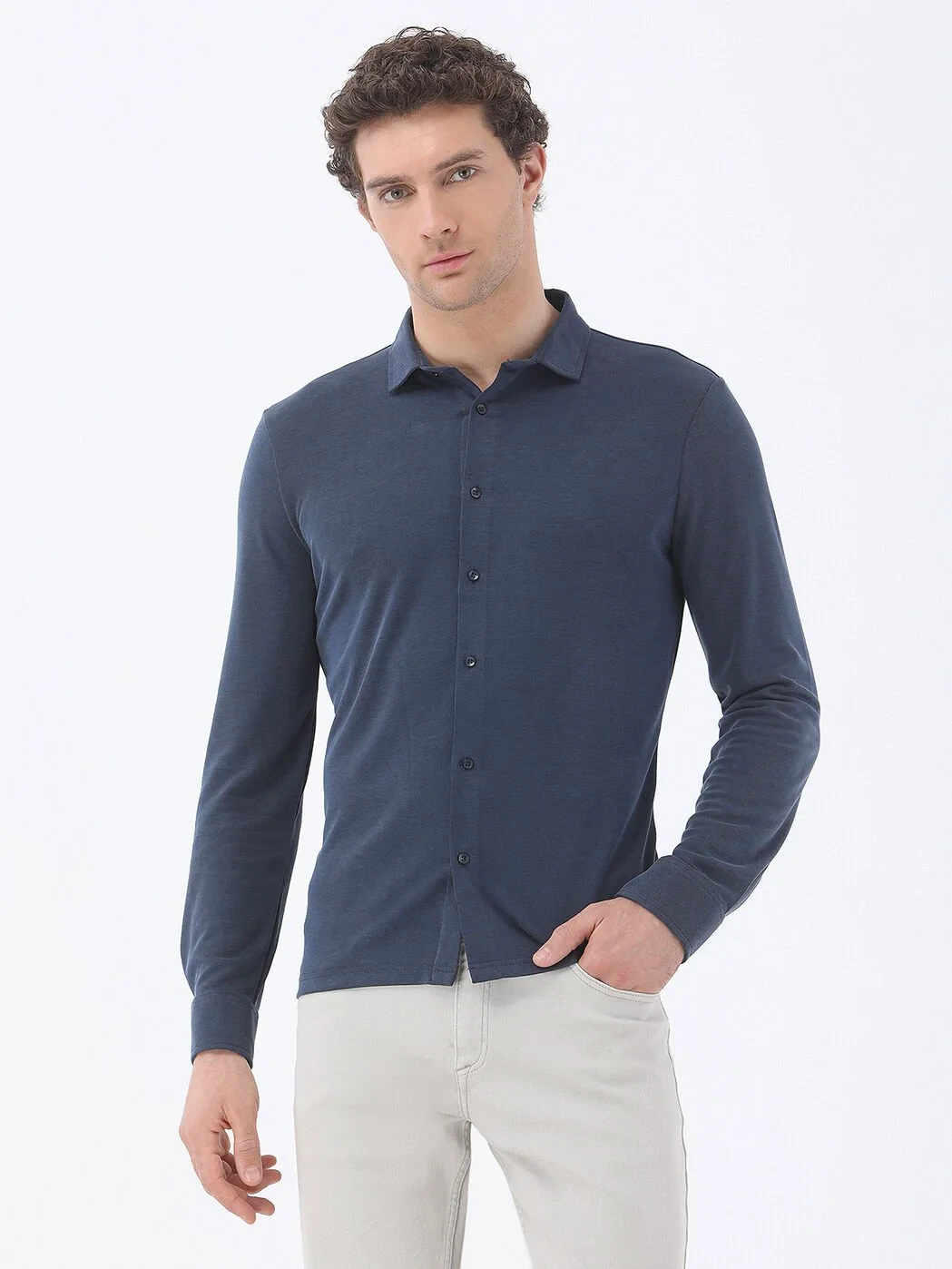 Indigo Regular Fit Knitting Casual Shirt - 1