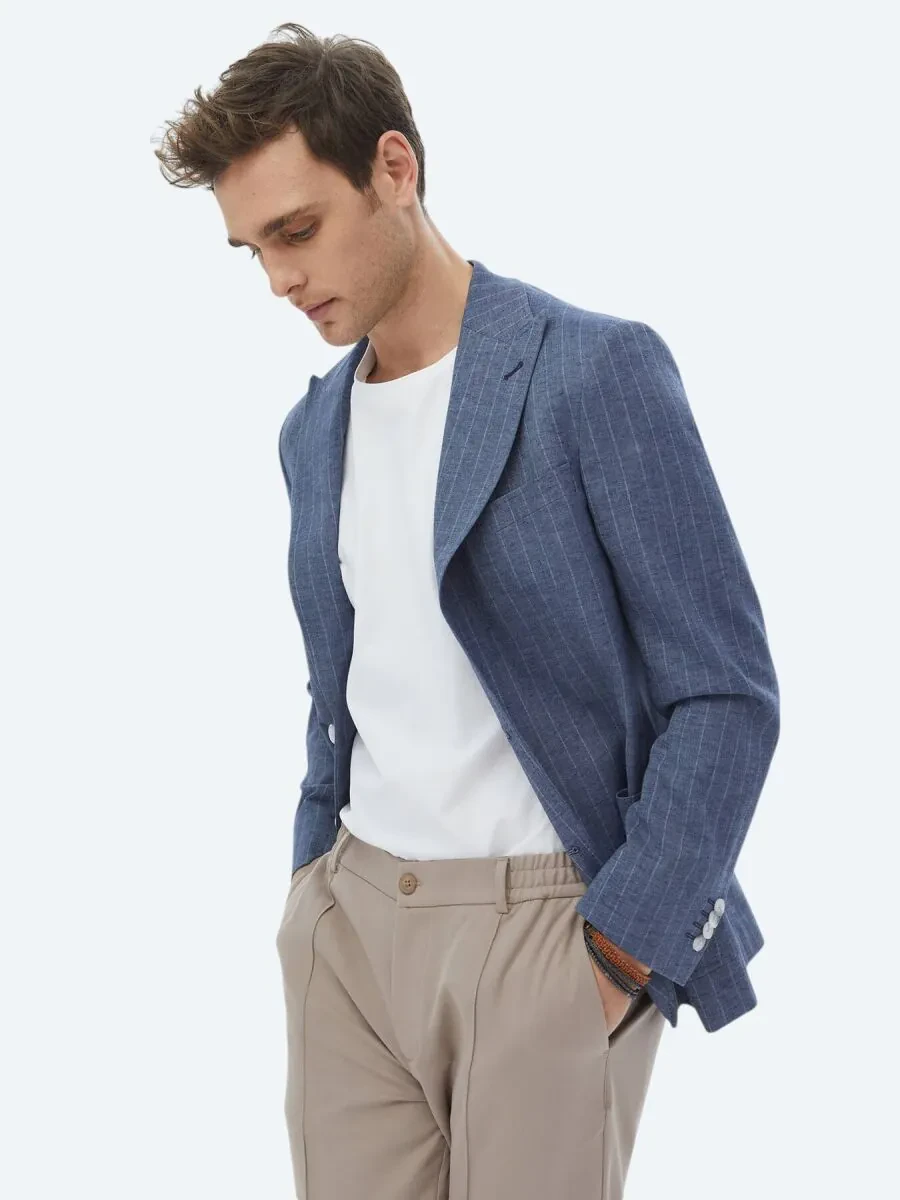 Indigo Striped Fitted Fit Linen Blended Jacket - 1