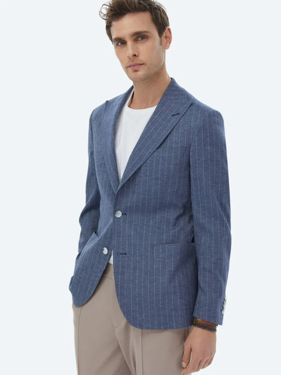 Indigo Striped Fitted Fit Linen Blended Jacket - 4