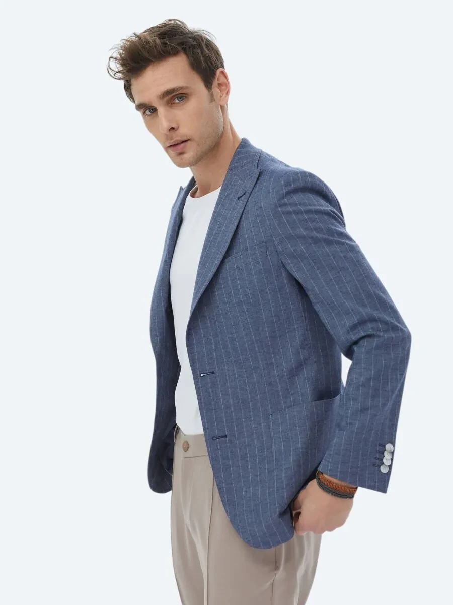 Indigo Striped Fitted Fit Linen Blended Jacket - 6