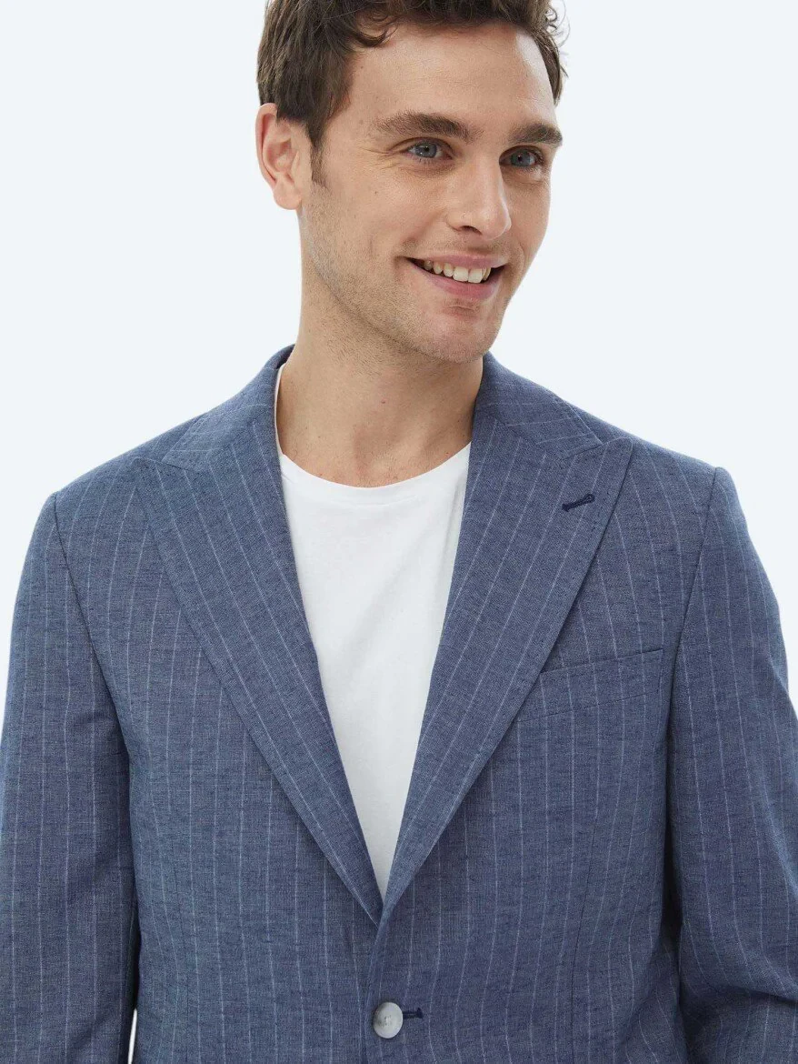 Indigo Striped Modern Fit Linen Blended Jacket - 2