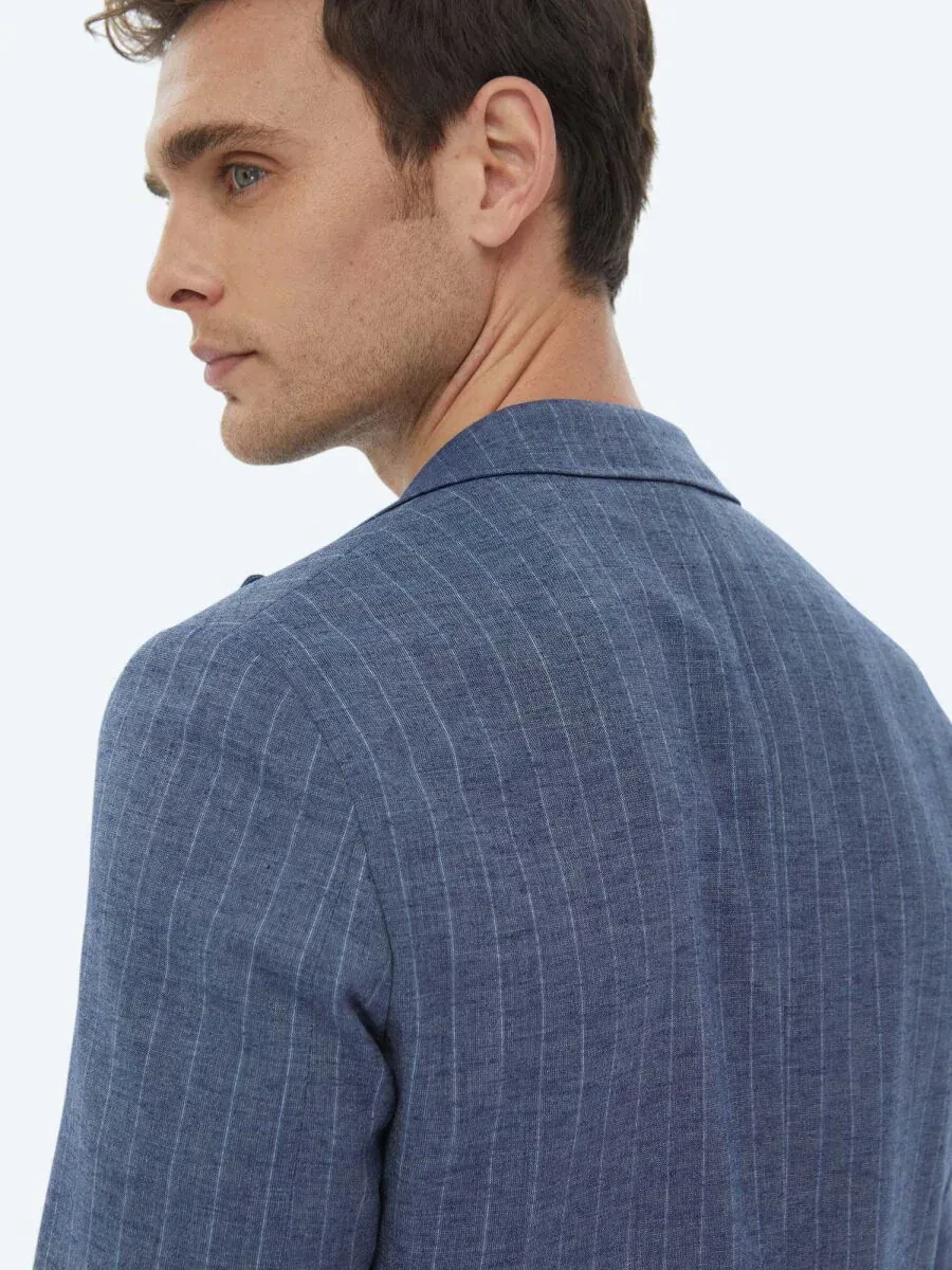 Indigo Striped Modern Fit Linen Blended Jacket - 7