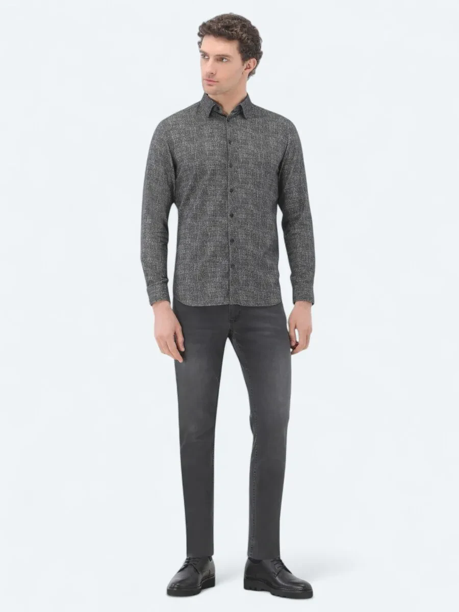 Kahverengi Baskılı Regular Fit Dokuma Casual %100 Pamuk Gömlek - 2