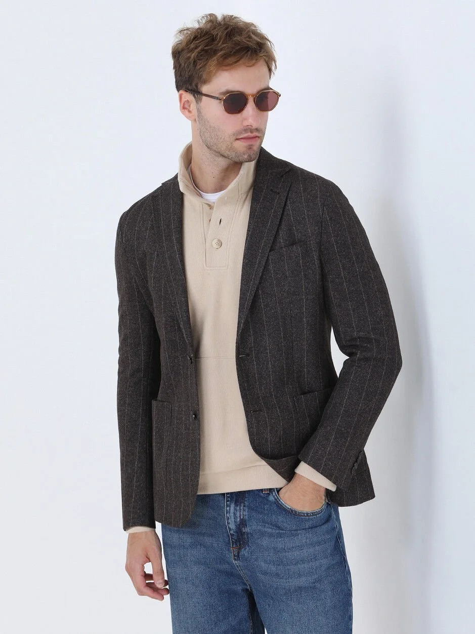 Kahverengi Çizgili Modern Fit Örme Ceket - 1