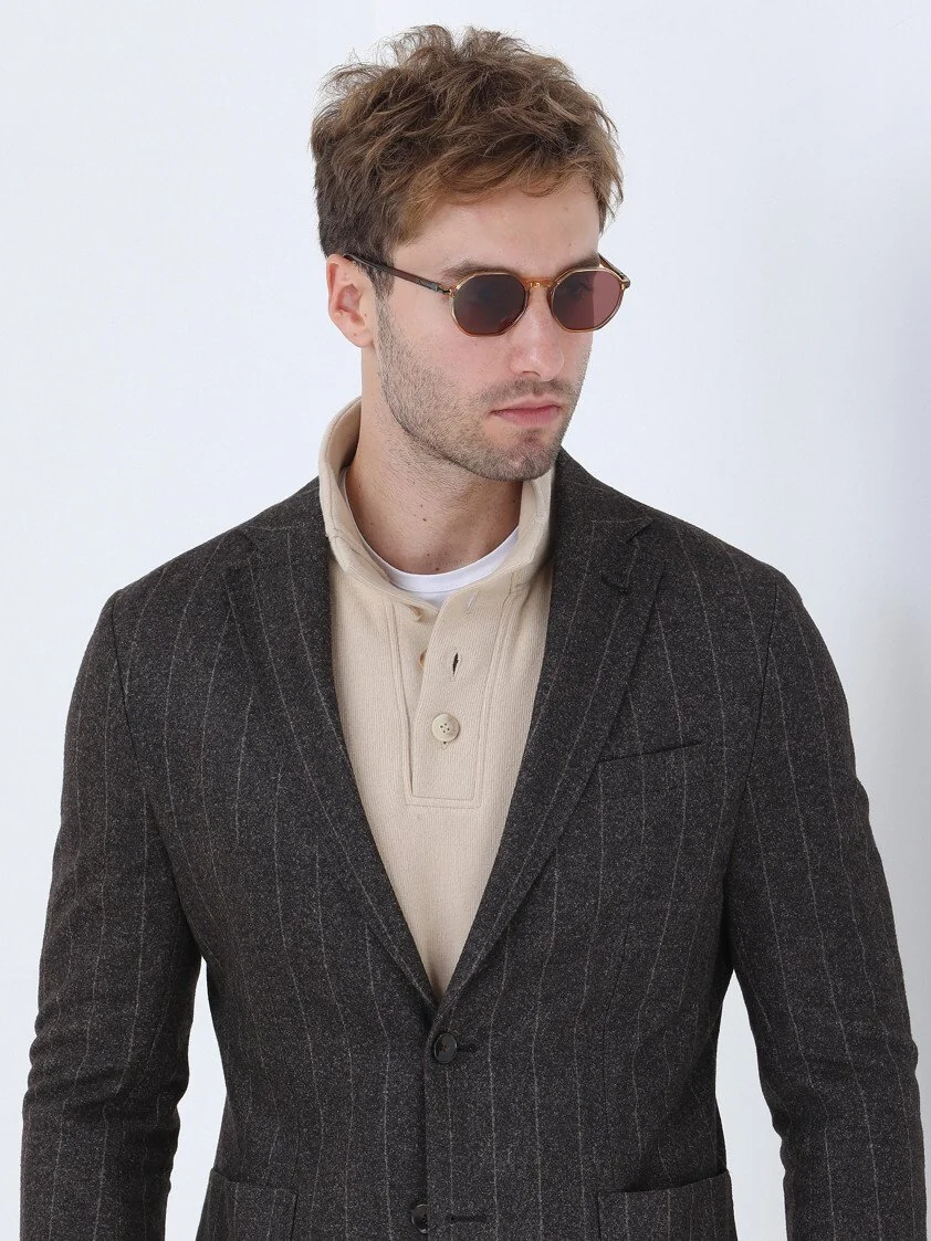 Kahverengi Çizgili Modern Fit Örme Ceket - 3